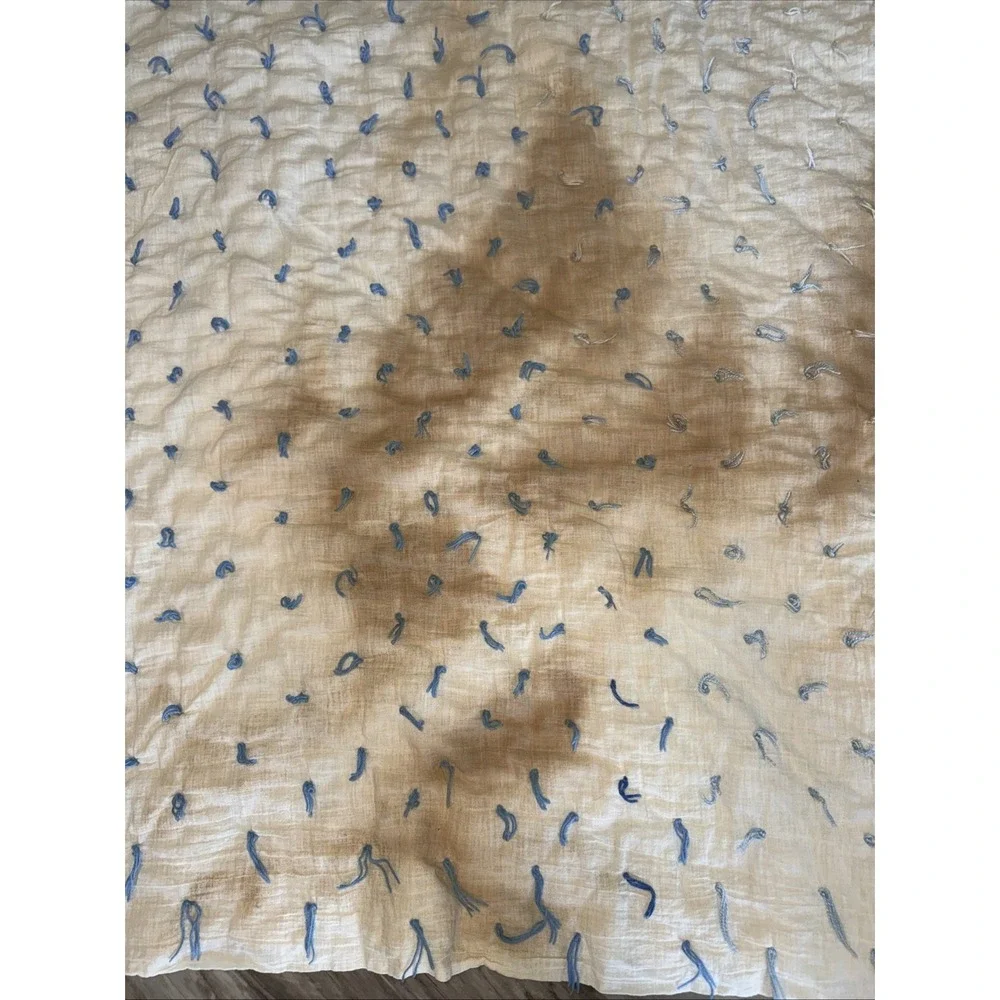 Vintage Cream W Blue Ties Quilt Blanket 68X65 In Significant Stain Areas Hole